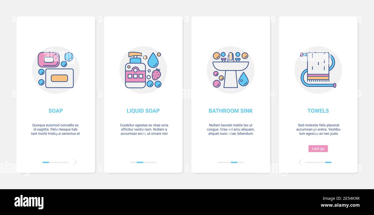 Outils d'hygiène pour le lavage des mains, illustration vectorielle de l'équipement ménager des toilettes de salle de bains. UX, UI Onboarding mobile application page Screen Set avec ligne de savon solide et liquide, symboles de serviettes de lavabo Illustration de Vecteur