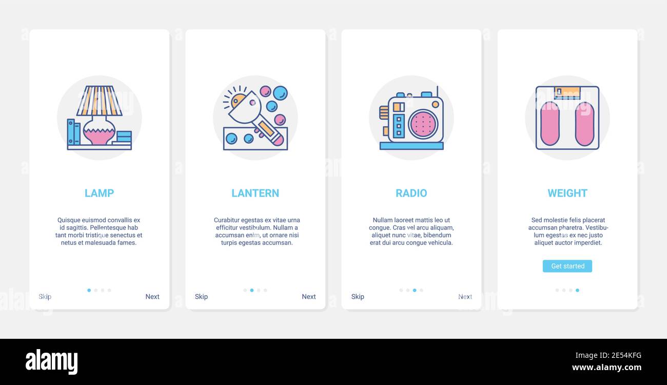 Magasin d'électronique, illustration vectorielle des petits appareils ménagers. UX, UI Onboarding mobile application page écran set avec éclairage de ligne de la technologie domestique, lampe électrique lanterne radio pèse-personne symboles Illustration de Vecteur