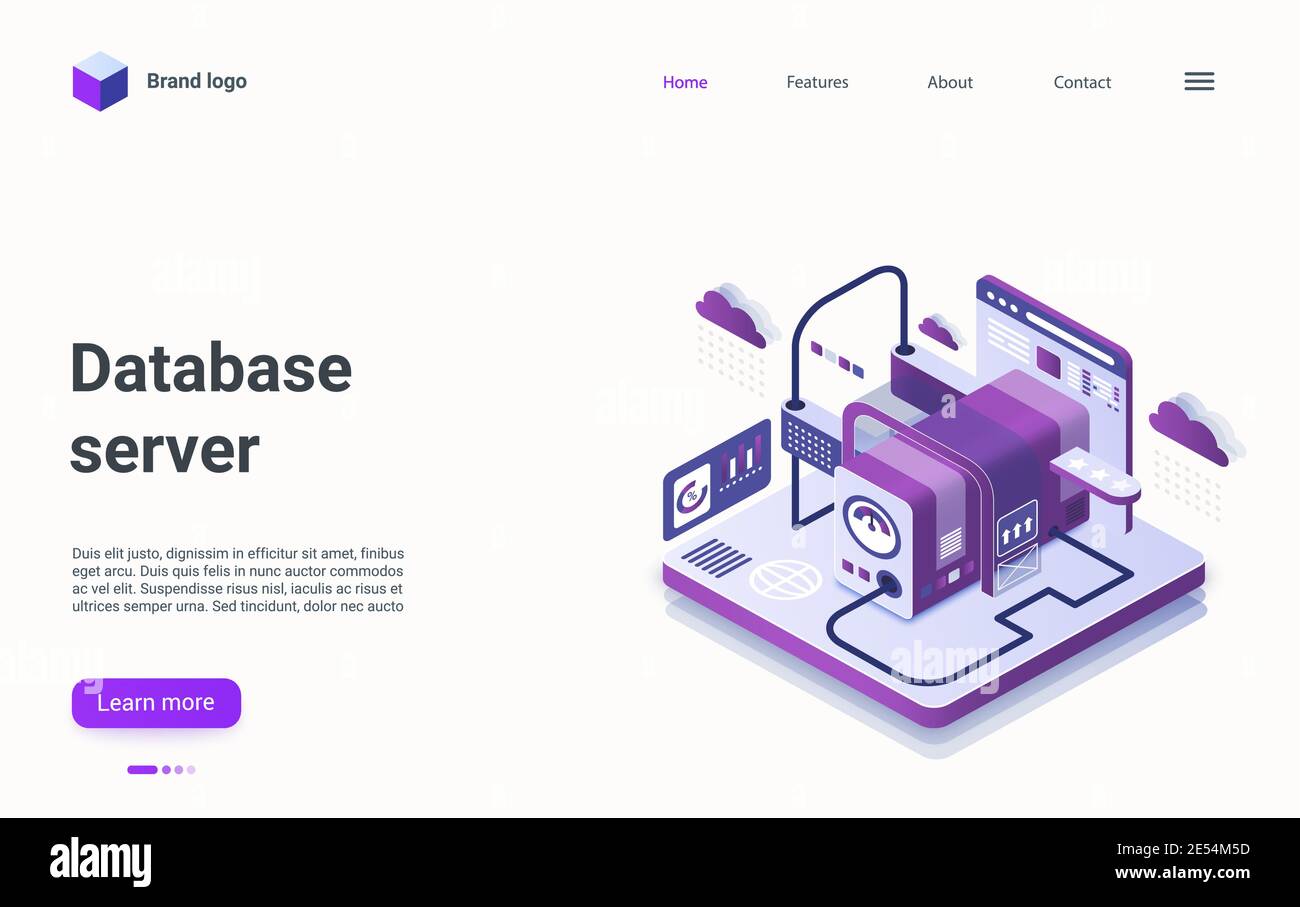 Illustration vectorielle isométrique de la technologie de serveur de base de données. Cartoon 3d big data flow processing résumé machine, infrastructure hôte de centre de données travaillant sur le développement de fichiers numériques page de renvoi Illustration de Vecteur