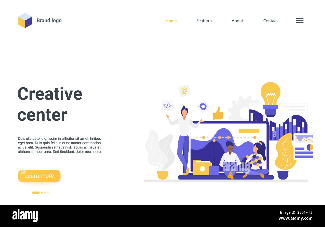 Centre d'innovation créatif, illustration vectorielle de concept de travail de studio de bureau. Dessinateur de dessins animés équipe de créateurs travaillant ensemble, collaboration de travail d'équipe pour créer une page d'arrivée de produit d'idée innovante Illustration de Vecteur