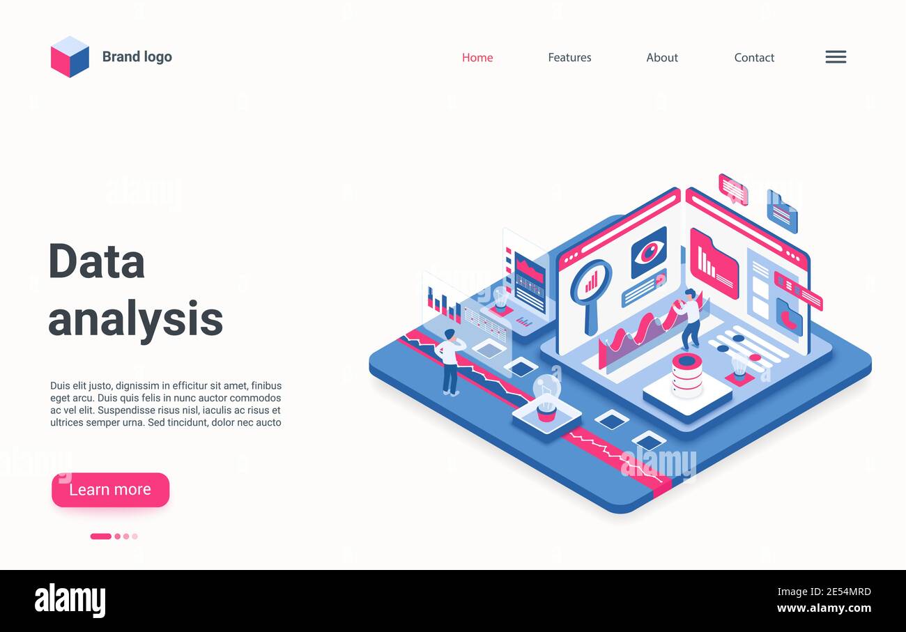 Illustration vectorielle isométrique du concept de service d'analyse de données. Les développeurs de cartoon 3d travaillent avec les informations de données graphiques sur le tableau de bord numérique, l'optimisation des analyses et la page de lancement du développement Illustration de Vecteur