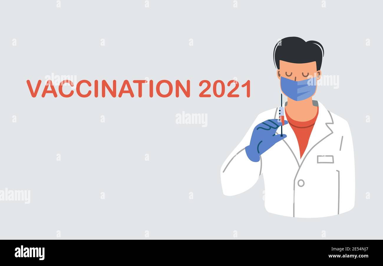 Vaccination 2021. Un médecin ou une infirmière de sexe masculin dans un uniforme blanc, un masque de protection et une seringue. Santé de la grippe et concept de vaccin. Vecteur plat Illustration de Vecteur