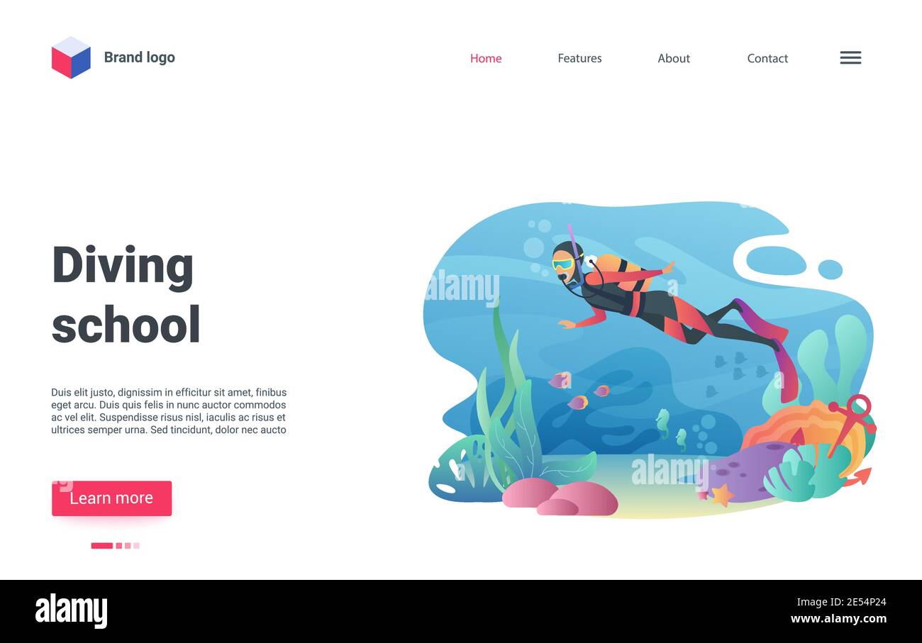 Illustration vectorielle de l'école de plongée. Personnage de plongeur de dessin animé portant un maillot de bain de plongée pour nager dans le monde sous-marin, la plongée avec tuba avec un animal aquatique, les bancs de poissons à la mer profonde ou la page d'atterrissage au fond de l'océan Illustration de Vecteur