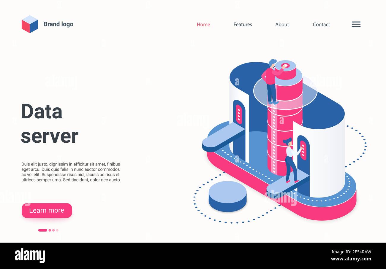 Illustration du vecteur isométrique du service de serveur de données. Les gens de cartoon 3d travaillent dans la salle du serveur d'hébergement ou du centre de données, la technologie abstraite d'innovation de base de données pour le stockage d'informations numériques page d'accueil Illustration de Vecteur