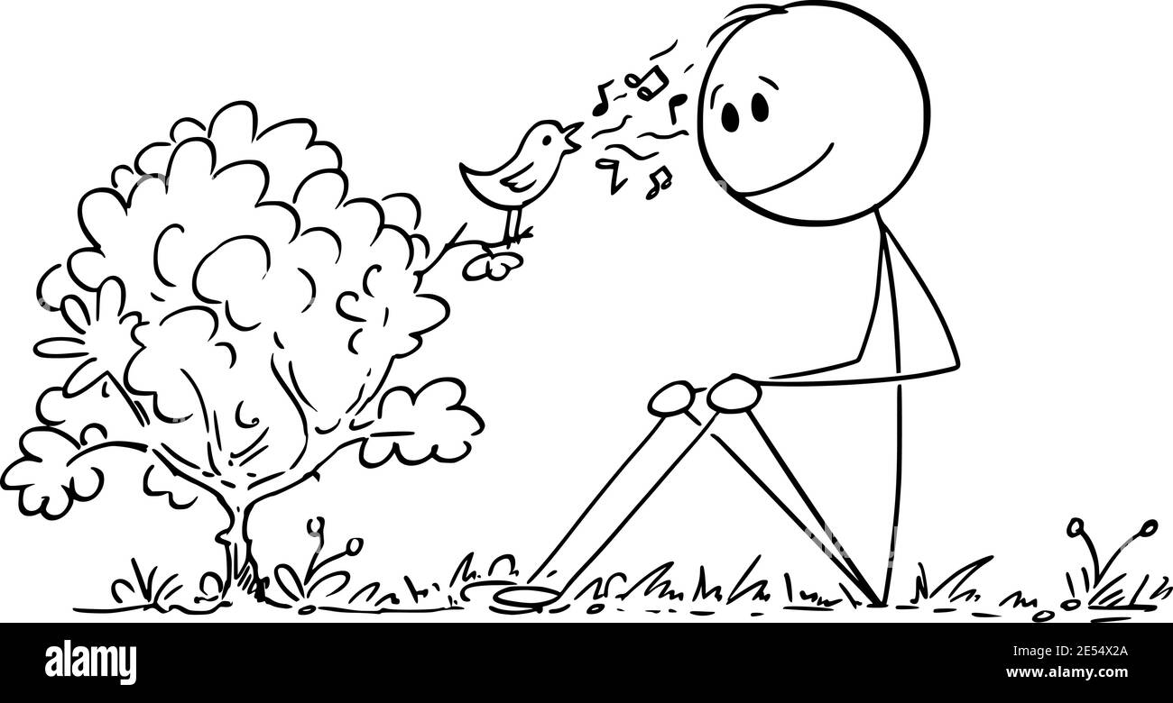 Homme observant des oiseaux chantant sur la brousse, appréciant la nature, dessin animé vectoriel en bâton figure ou illustration de personnage. Illustration de Vecteur