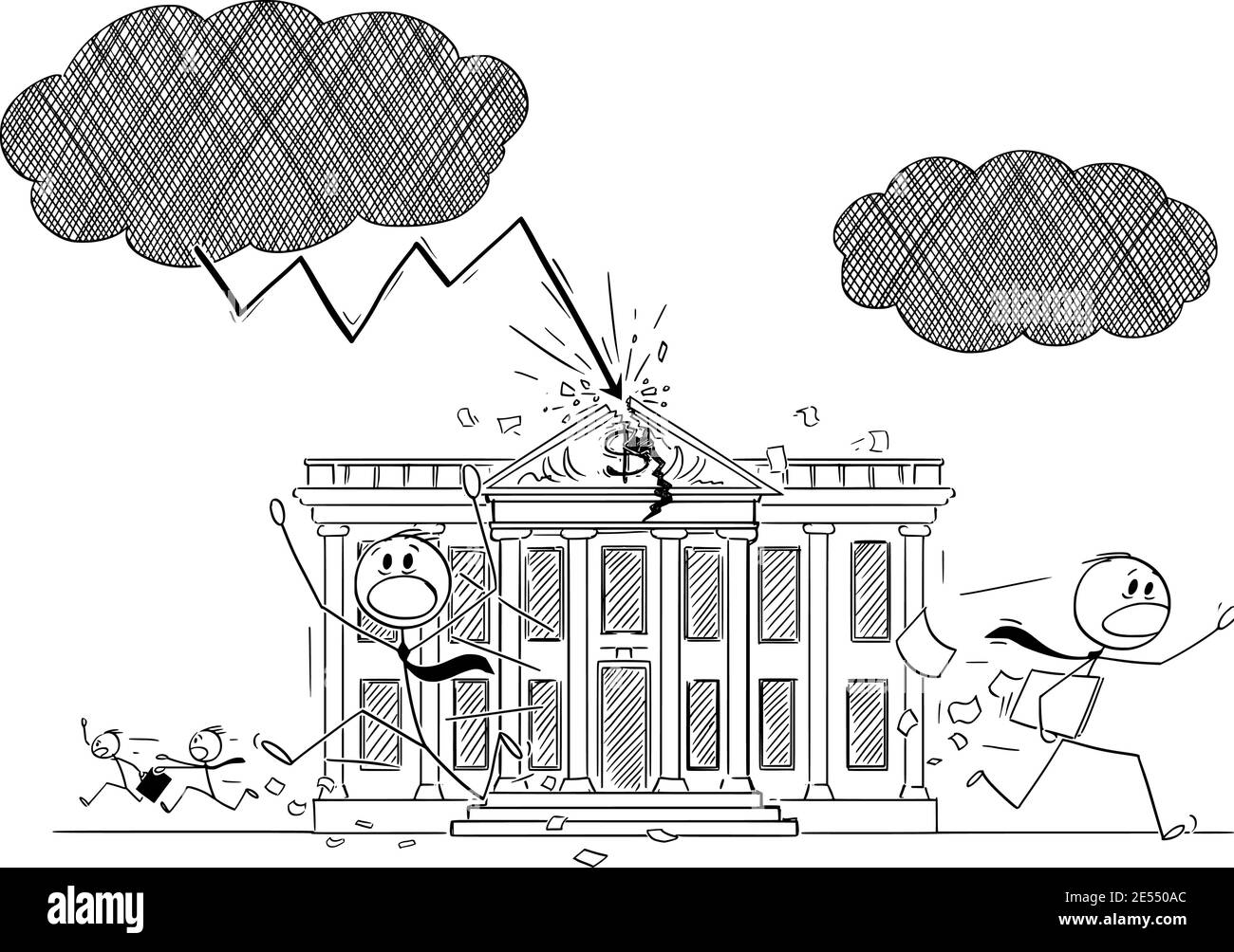 Bâtiment de banque frappé par la foudre pendant la tempête, les banquiers et les hommes d'affaires se trouvent dans la panique, le concept de crise financière. Illustration de Vecteur