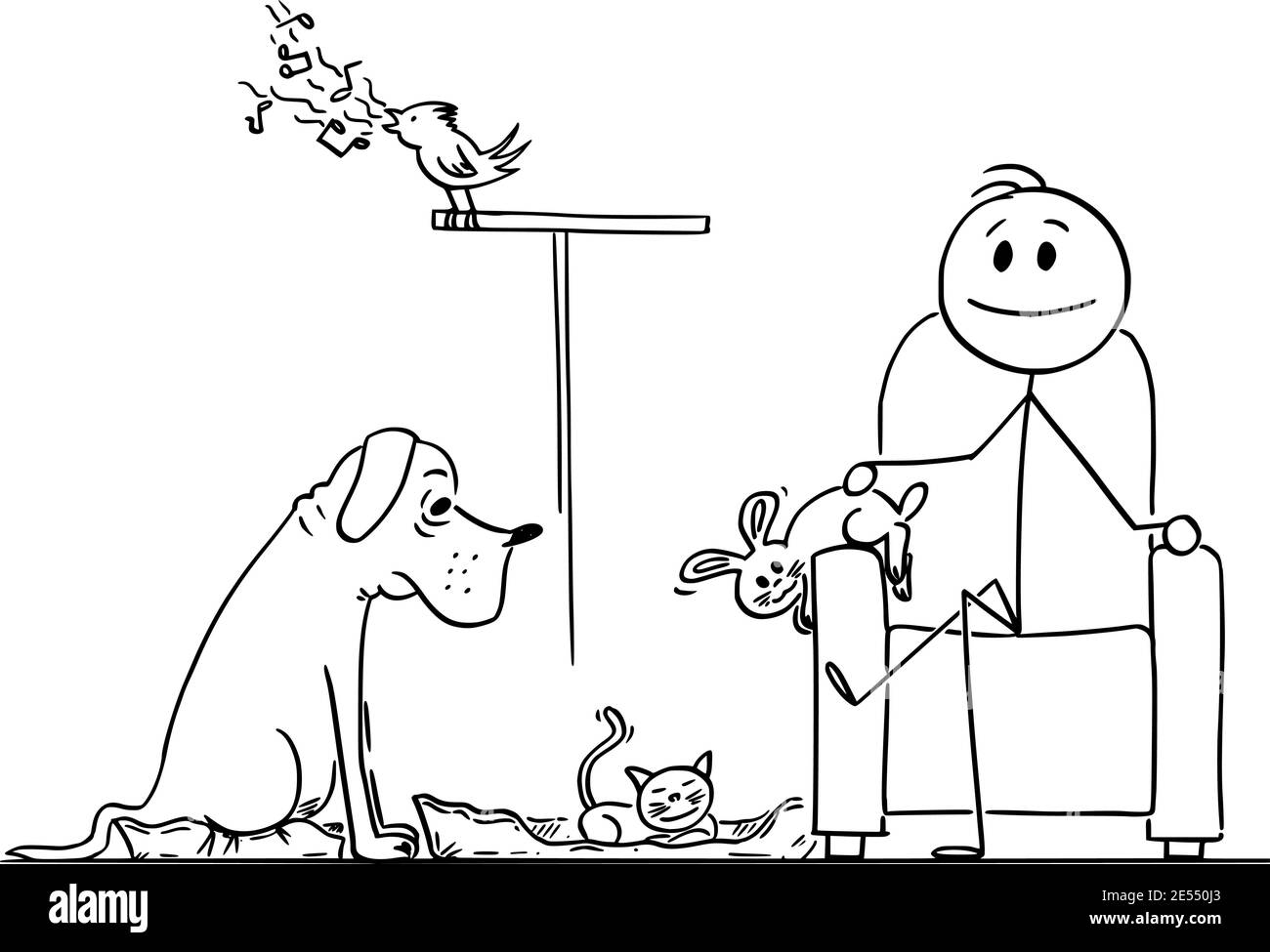 Heureux homme appréciant assis dans la chaise avec ses animaux de compagnie chien, lapin, oiseau et chat autour, figure de bâton de dessin animé vectoriel ou illustration de caractère. Illustration de Vecteur