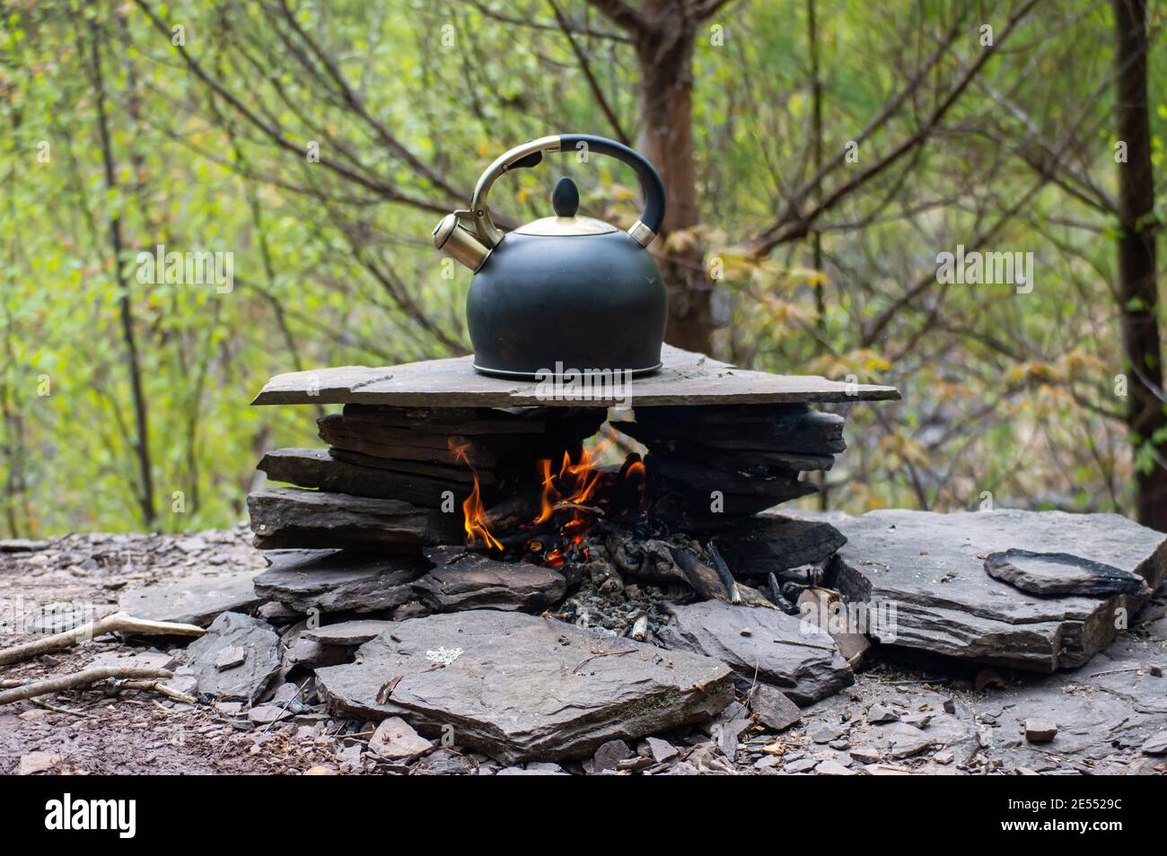 Gros plan d'une bouilloire ronde en fer remplie d'eau, réchauffant sur un feu de camp construit sur la rive d'une rivière dans les bois. Banque D'Images