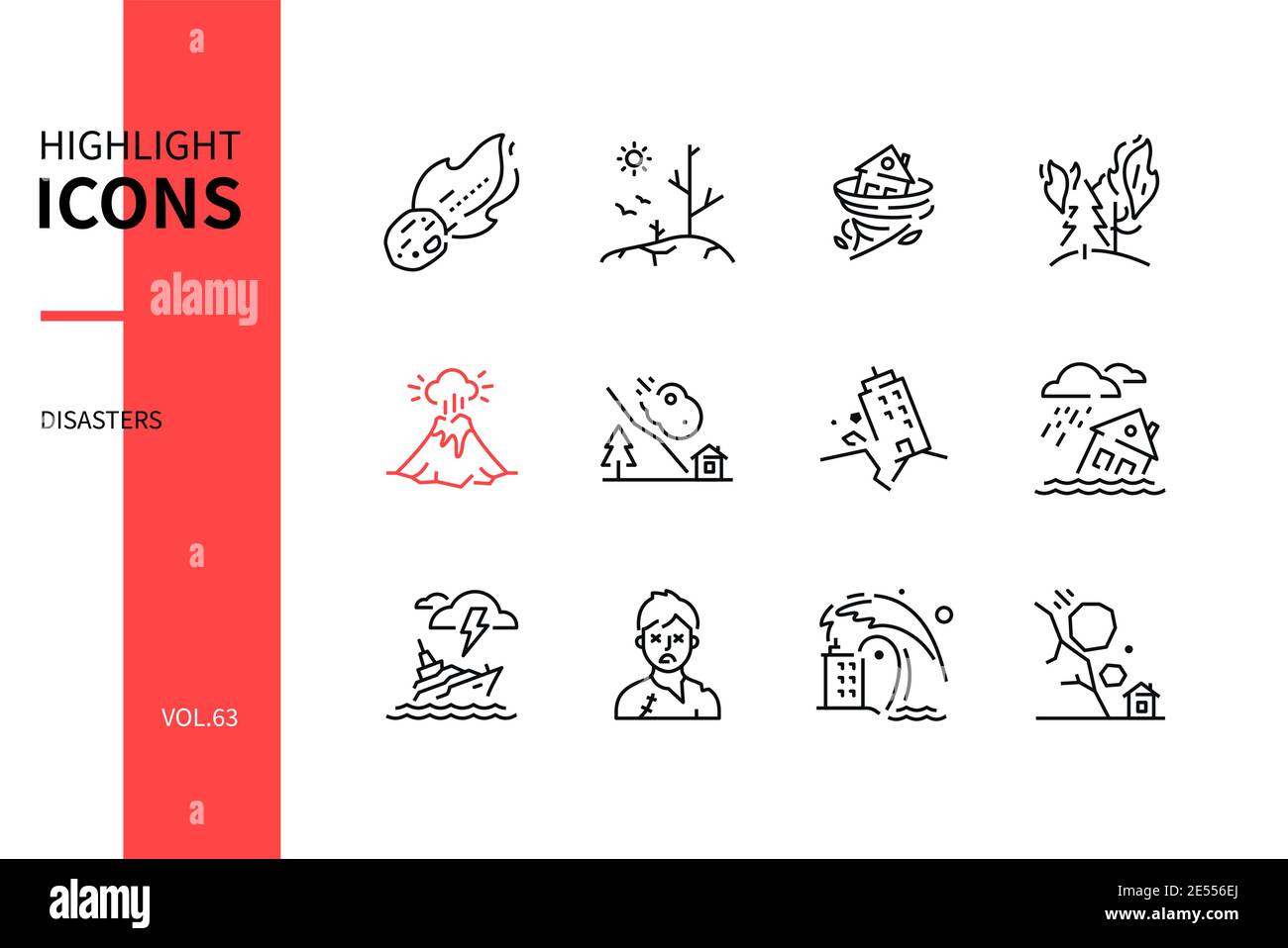Catastrophes - jeu d'icônes de style de conception de ligne moderne. Idée de catastrophe naturelle. Météorite, sécheresse, ouragan, incendie, éruption, avalanche, tremblement de terre, inondation, Illustration de Vecteur
