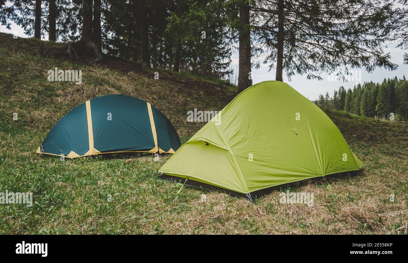 Tentes vertes dans une clairière, camping dans les bois, aventures Banque D'Images