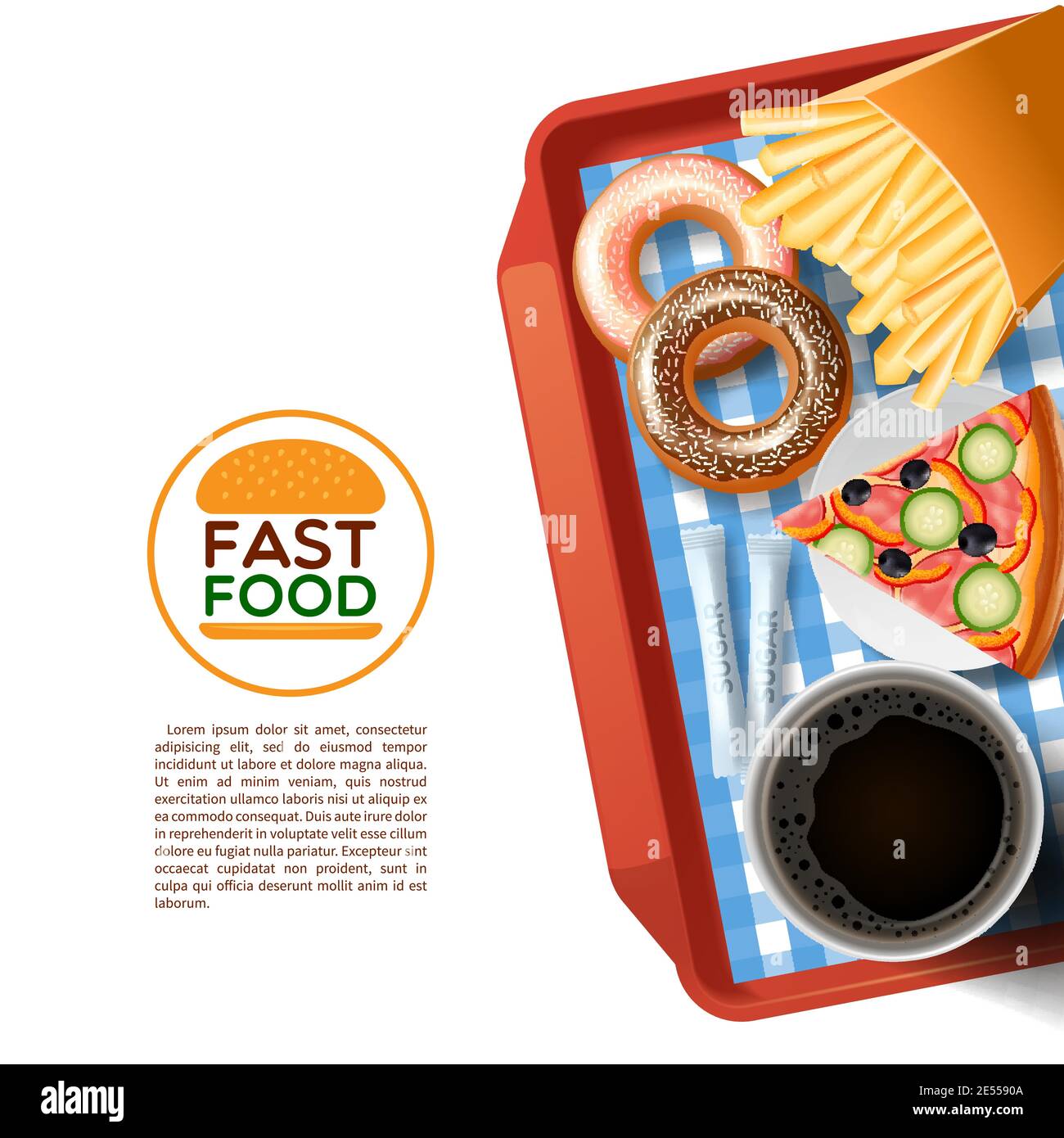 Plaque et emblème de restauration rapide avec pizza aux beignets et noir illustration vectorielle abstraite de l'affiche d'arrière-plan de la tasse à café Illustration de Vecteur