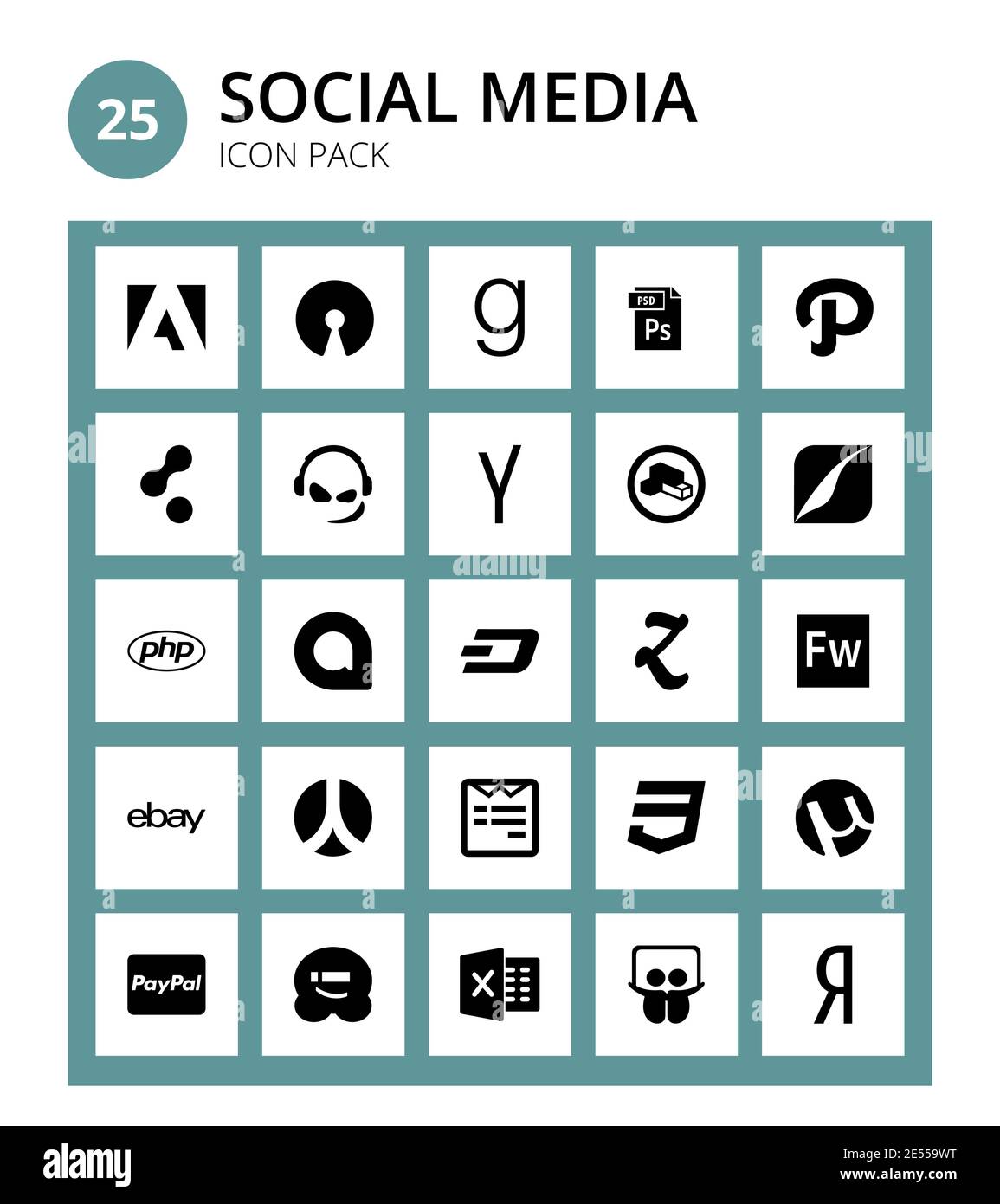 25 icône sociale php, pied, Cloudsmith, remix, éléments de conception vectorielle modifiables créatifs Illustration de Vecteur