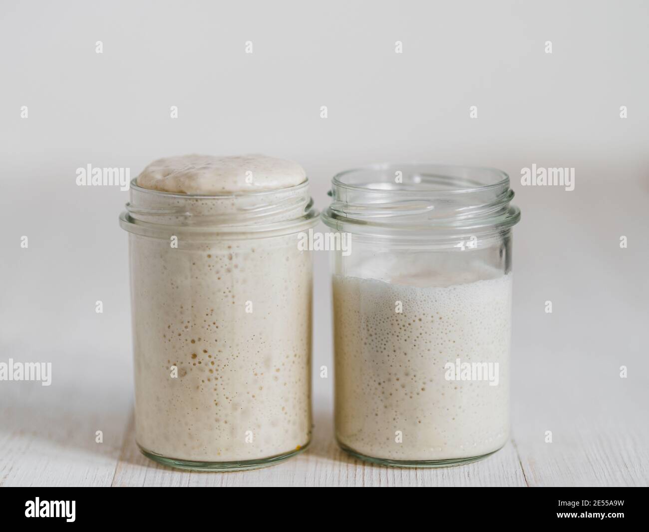 Deux pots en verre avec des démarreurs de levain de blé dans différents niveaux d'hydratation. Starter 100 % d'hydratation (gauche) et Starter avec plus d'hydratation (droite). Copier l'espace Banque D'Images