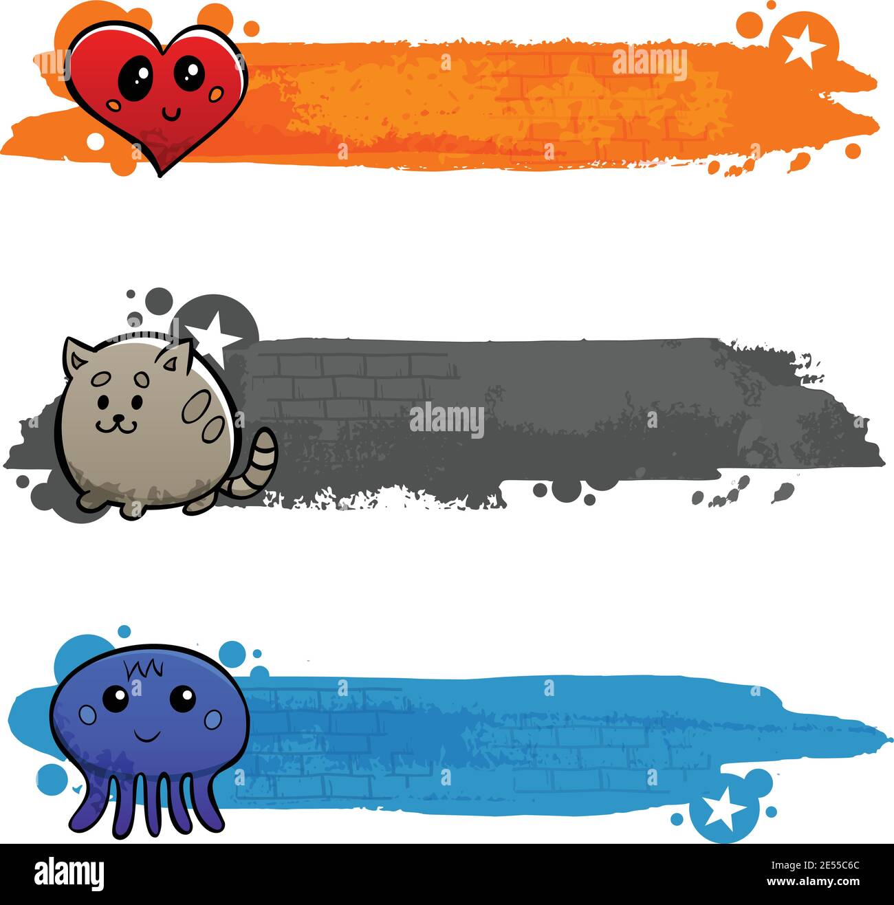 Graffiti caricature chat octopus et coeur caractères couleur plate horizontale illustration vectorielle isolée du jeu de bannières Illustration de Vecteur