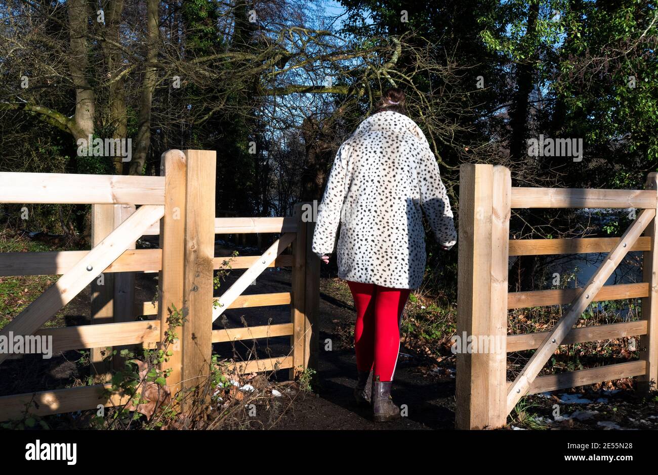 Femme dans le parc de campagne sur une promenade pendant le confinement en janvier 2021 - Reading, Berkshire, Angleterre, Royaume-Uni Banque D'Images