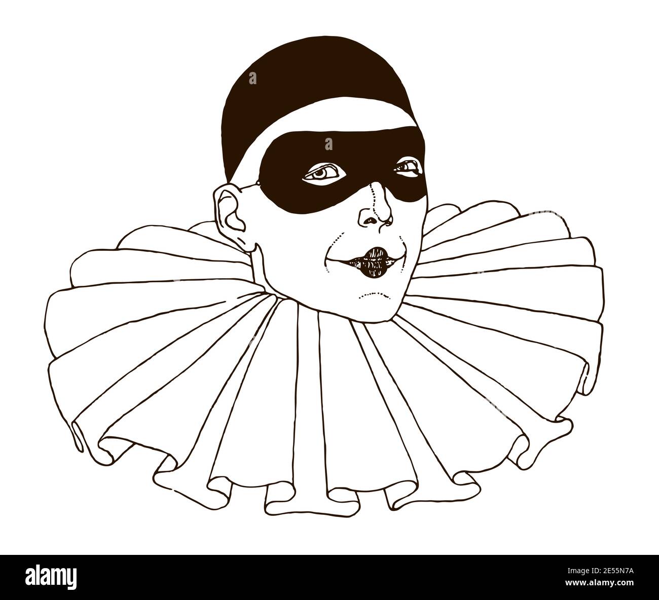 Tête de Pierrot, port de la calotte crânienne, masque oculaire et col à volants. Illustration après un dessin des années 20 Illustration de Vecteur