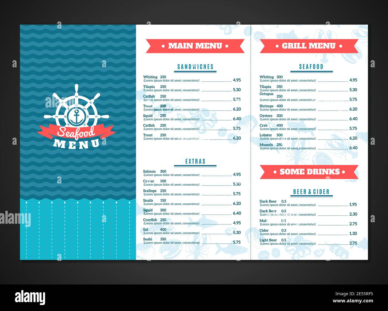 Modèle de menu du restaurant de fruits de mer avec plats de poissons et ...