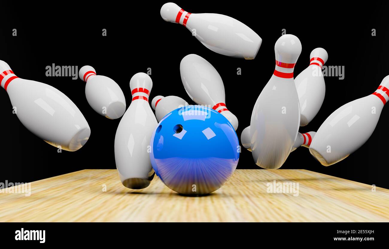 Rendu 3d d'une grève de bowling avec des quilles et une balle.Illustration numérique d'image. Banque D'Images