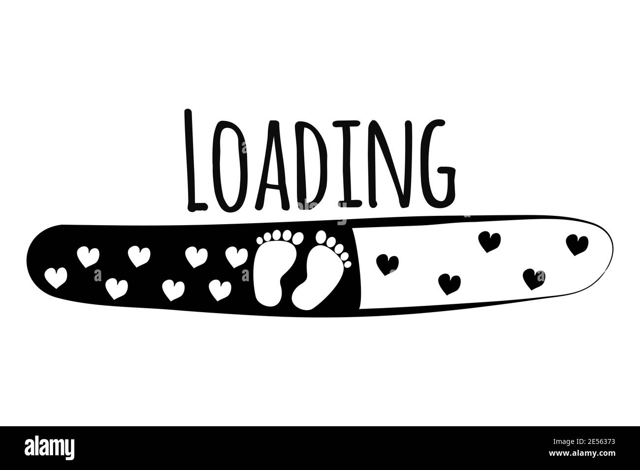 Chargement avec l'empreinte de bébé et les coeurs, mignonne salutation avec bientôt nouveau-né pour la mère enceinte. Impression monochrome, affiche isolée sur fond blanc Illustration de Vecteur