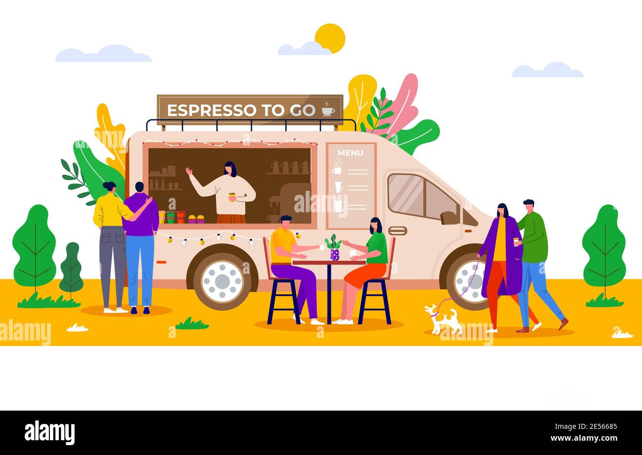 Festival de la nourriture de rue, les gens achetant du café à emporter dans le camion, véhicule. Café mobile, café sur roues avec barista. Personnages assis à la table an Illustration de Vecteur