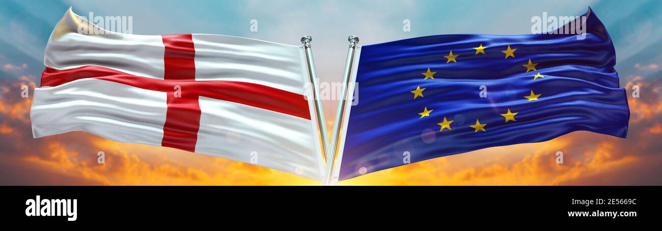 Drapeau de l'Union européenne et drapeau de l'Angleterre agitant avec ciel de texture Nuage et coucher de soleil Double drapeau Banque D'Images