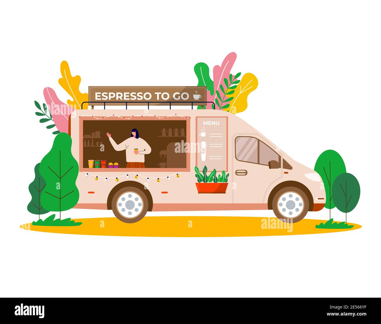 Festival de la nourriture de rue, les gens achetant du café à emporter dans le camion, véhicule. Café mobile, café à roulettes avec barista dans le parc de la ville, Vector concept ba Illustration de Vecteur