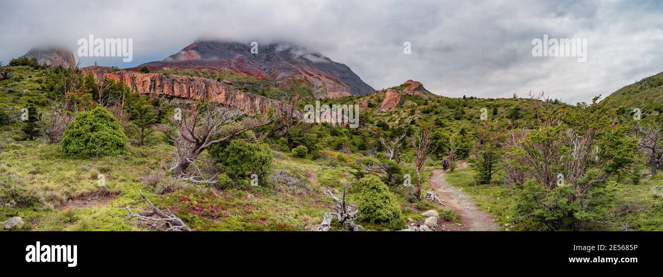 Vue panoramique des randonneurs seuls qui marchent dans un paysage surréaliste dans le parc national de Torres del Paine, Patagonie, Chili Banque D'Images