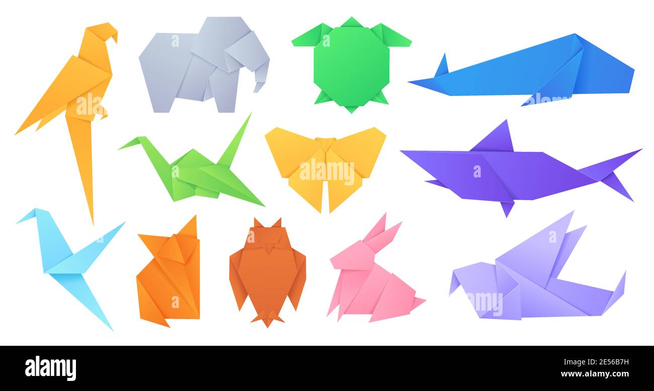 Animaux en papier. Jouets pliés à l'origami japonais oiseaux, renard, papillon, perroquet et lièvre. Ensemble de figurines géométriques en forme d'animaux sauvages Illustration de Vecteur