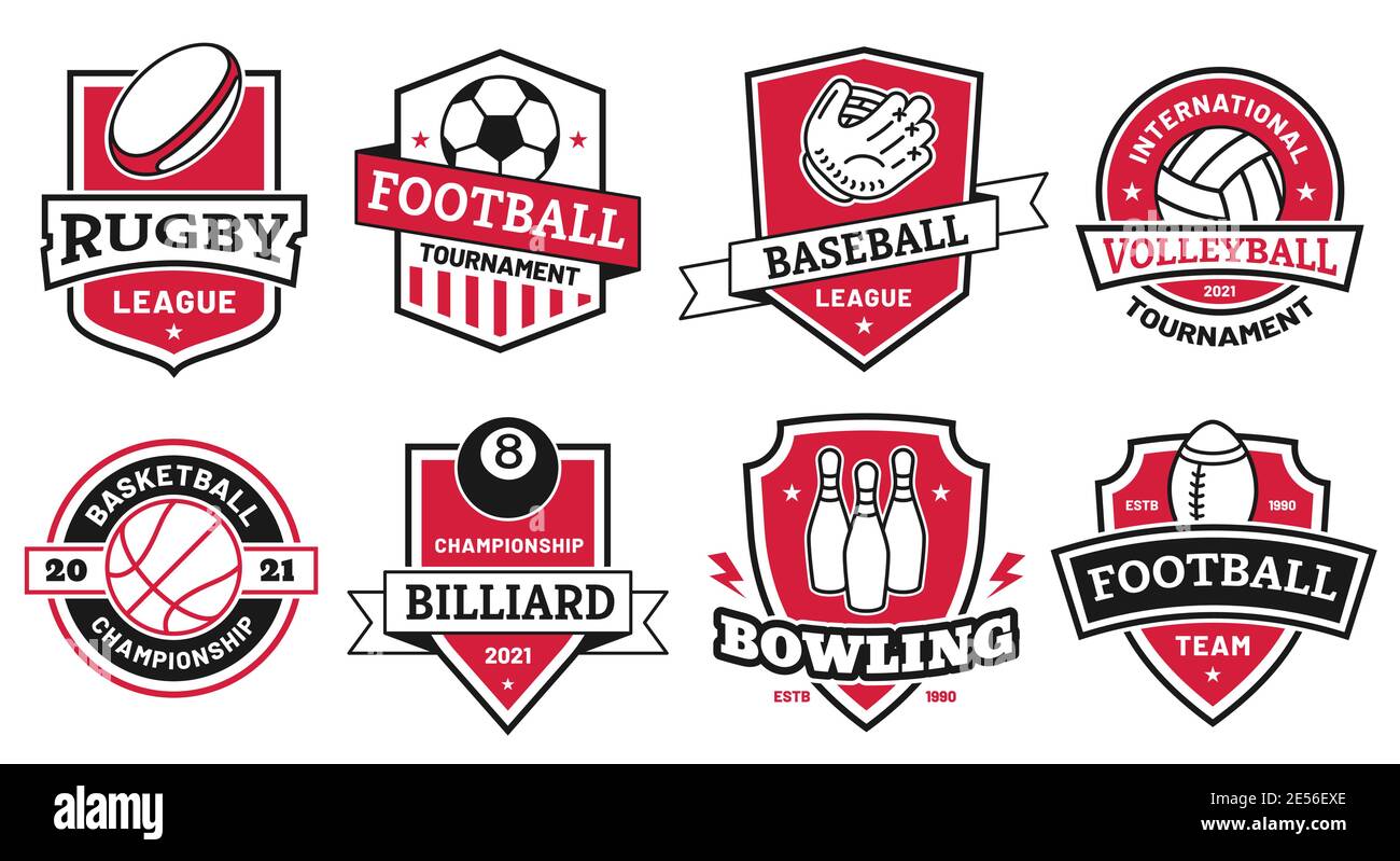 Logo ball Sports. Badges pour la ligue américaine de football, de football et de basket-ball. Symbole du tournoi de volley-ball et de bowling sur l'ensemble de vecteurs du bouclier Illustration de Vecteur