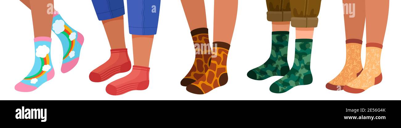 Jambes en chaussettes. Chaussettes tendance pour femmes et hommes avec motif et texture. Ensemble de chaussettes à motif de dessin animé féminin élégant et chaud à motif vectoriel Illustration de Vecteur