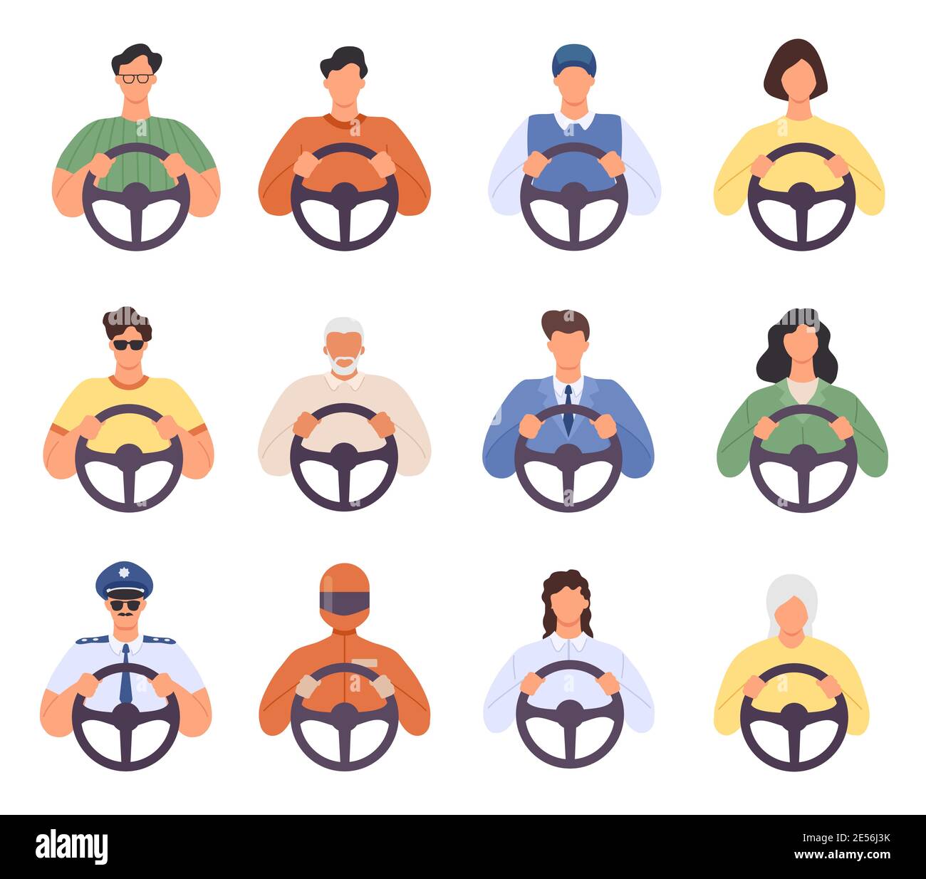 Pilotes. Icônes homme et femme de voiture de conduite. Chauffeur de taxi et passager, messagerie, police et personne âgée avec roue. Ensemble de vecteurs avec chauffeur Illustration de Vecteur