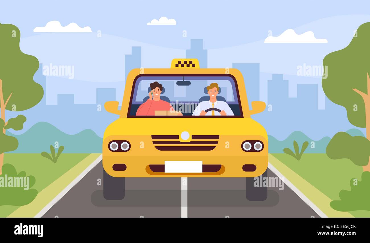 Chauffeur de taxi et client. Homme conduire la voiture et le passager avec un smartphone. Vue avant de la cabine en ville. Concept vectoriel d'application de taxi de dessin animé plat Illustration de Vecteur