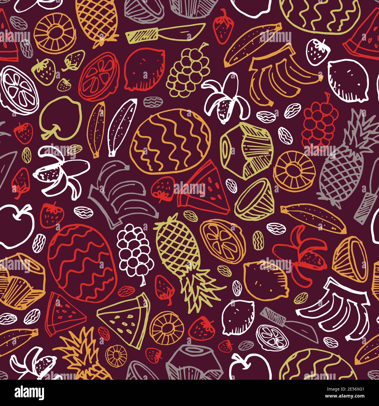 Vecteur violet foncé fruits Doodle dessiné à la main répéter le motif avec ananas, pastèque, dattes, fraise, noix de coco. Parfait pour le tissu, le scrapbooking Illustration de Vecteur