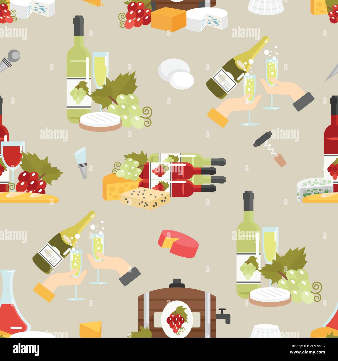 Vin en bouteilles et verres avec fromage et accessoires plats illustration vectorielle de motif sans couture décorative couleur Illustration de Vecteur