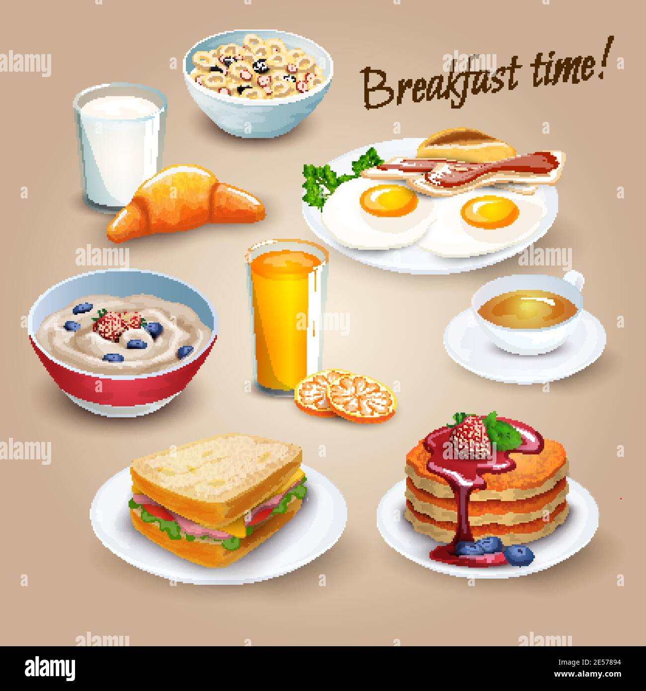 Affiche du menu du petit déjeuner classique de l'hôtel avec œufs frits, bacon et jus d'orange pictogrammes réalistes illustration vectorielle de composition Illustration de Vecteur