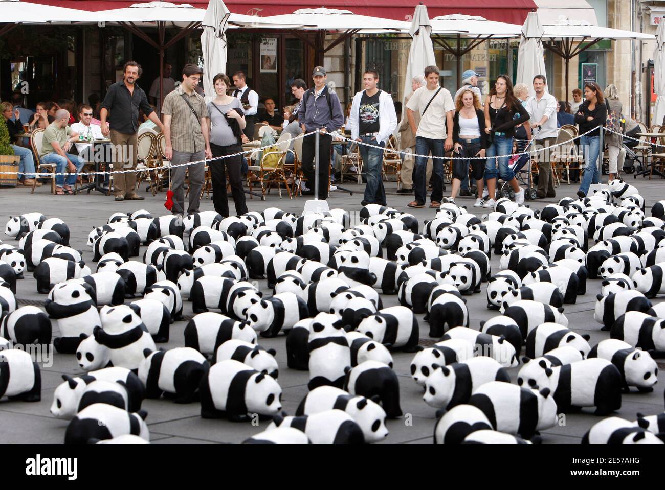 1,600 pandas paper mache ont été installés par des membres du Fonds mondial pour la nature (WWF) dans le centre de Bordeaux, dans le sud-ouest de la France, le 7 septembre 2008, pour sensibiliser davantage le public aux espèces menacées. Selon des enquêtes récentes, il n'y a actuellement que 1,600 pandas géants vivants dans le monde entier, dont environ 1,000 en Chine. L'exposition intitulée « 1,600 Pandas in Town » va également voyager dans le monde entier. Le panda est le symbole du WWF depuis sa création en 1961. Photo de Patrick Bernard/ABACAPRESS.COM Banque D'Images