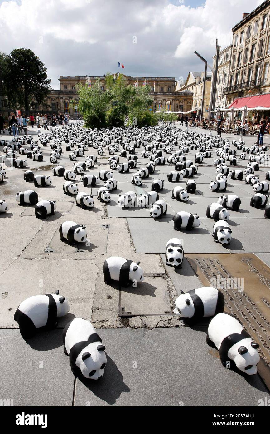 1,600 pandas paper mache ont été installés par des membres du Fonds mondial pour la nature (WWF) dans le centre de Bordeaux, dans le sud-ouest de la France, le 7 septembre 2008, pour sensibiliser davantage le public aux espèces menacées. Selon des enquêtes récentes, il n'y a actuellement que 1,600 pandas géants vivants dans le monde entier, dont environ 1,000 en Chine. L'exposition intitulée « 1,600 Pandas in Town » va également voyager dans le monde entier. Le panda est le symbole du WWF depuis sa création en 1961. Photo de Patrick Bernard/ABACAPRESS.COM Banque D'Images