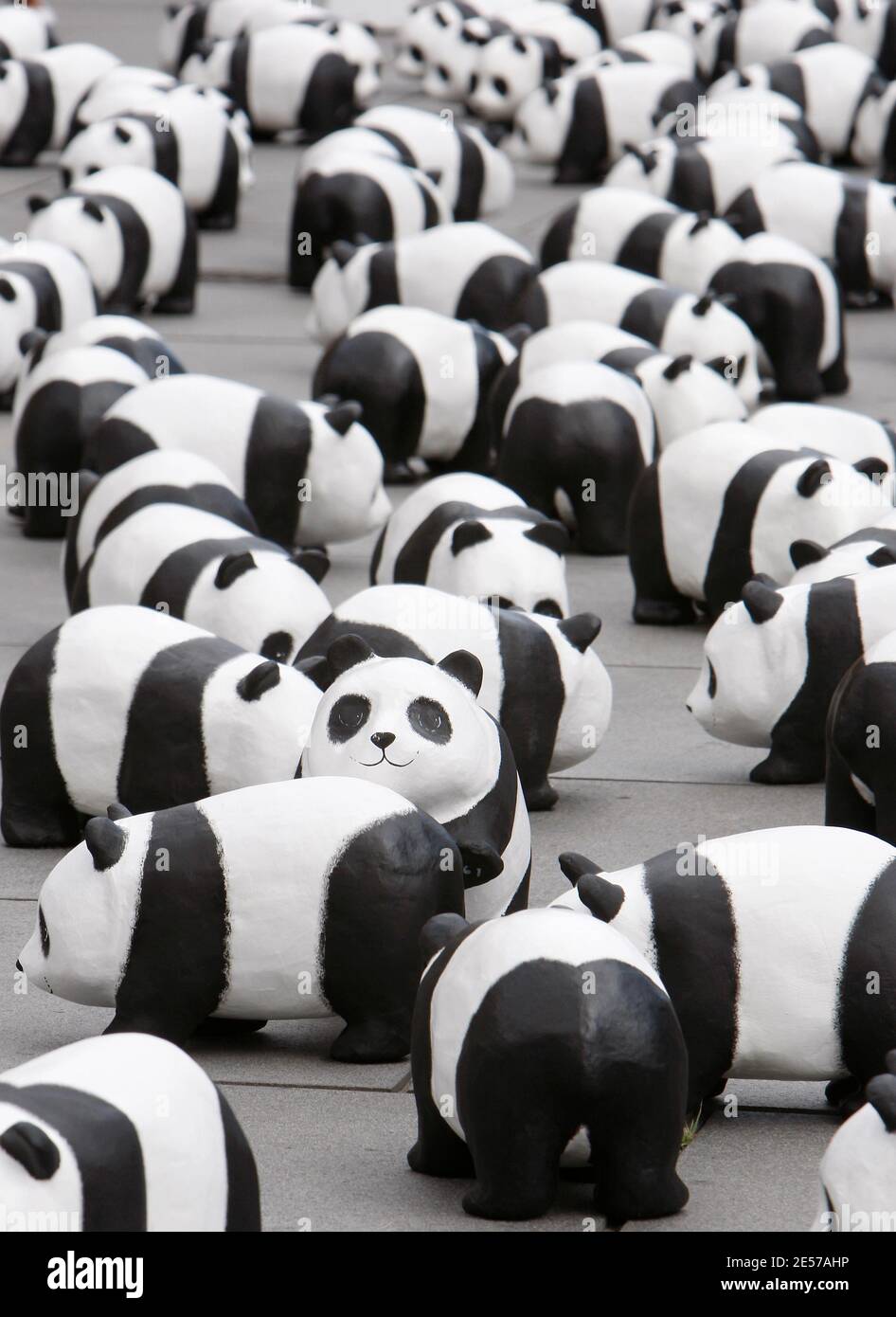 1,600 pandas paper mache ont été installés par des membres du Fonds mondial pour la nature (WWF) dans le centre de Bordeaux, dans le sud-ouest de la France, le 7 septembre 2008, pour sensibiliser davantage le public aux espèces menacées. Selon des enquêtes récentes, il n'y a actuellement que 1,600 pandas géants vivants dans le monde entier, dont environ 1,000 en Chine. L'exposition intitulée « 1,600 Pandas in Town » va également voyager dans le monde entier. Le panda est le symbole du WWF depuis sa création en 1961. Photo de Patrick Bernard/ABACAPRESS.COM Banque D'Images
