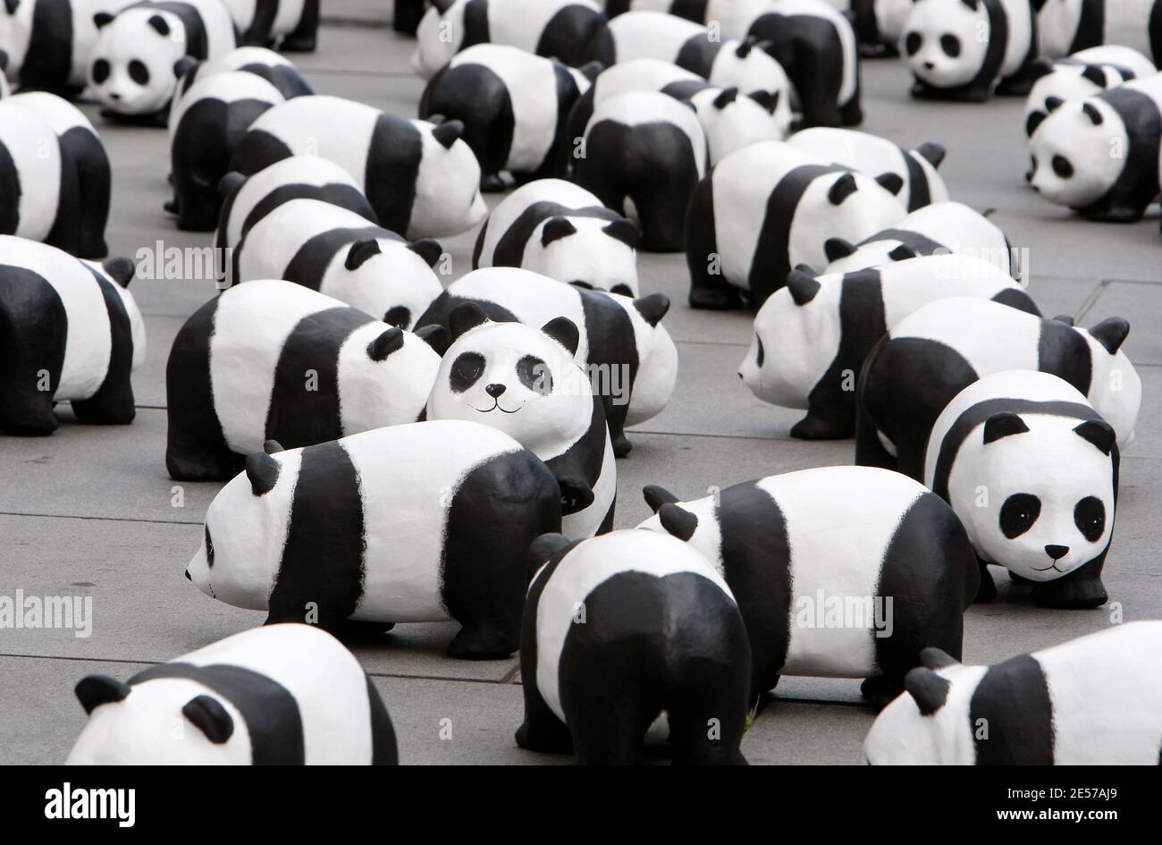 1,600 pandas paper mache ont été installés par des membres du Fonds mondial pour la nature (WWF) dans le centre de Bordeaux, dans le sud-ouest de la France, le 7 septembre 2008, pour sensibiliser davantage le public aux espèces menacées. Selon des enquêtes récentes, il n'y a actuellement que 1,600 pandas géants vivants dans le monde entier, dont environ 1,000 en Chine. L'exposition intitulée « 1,600 Pandas in Town » va également voyager dans le monde entier. Le panda est le symbole du WWF depuis sa création en 1961. Photo de Patrick Bernard/ABACAPRESS.COM Banque D'Images