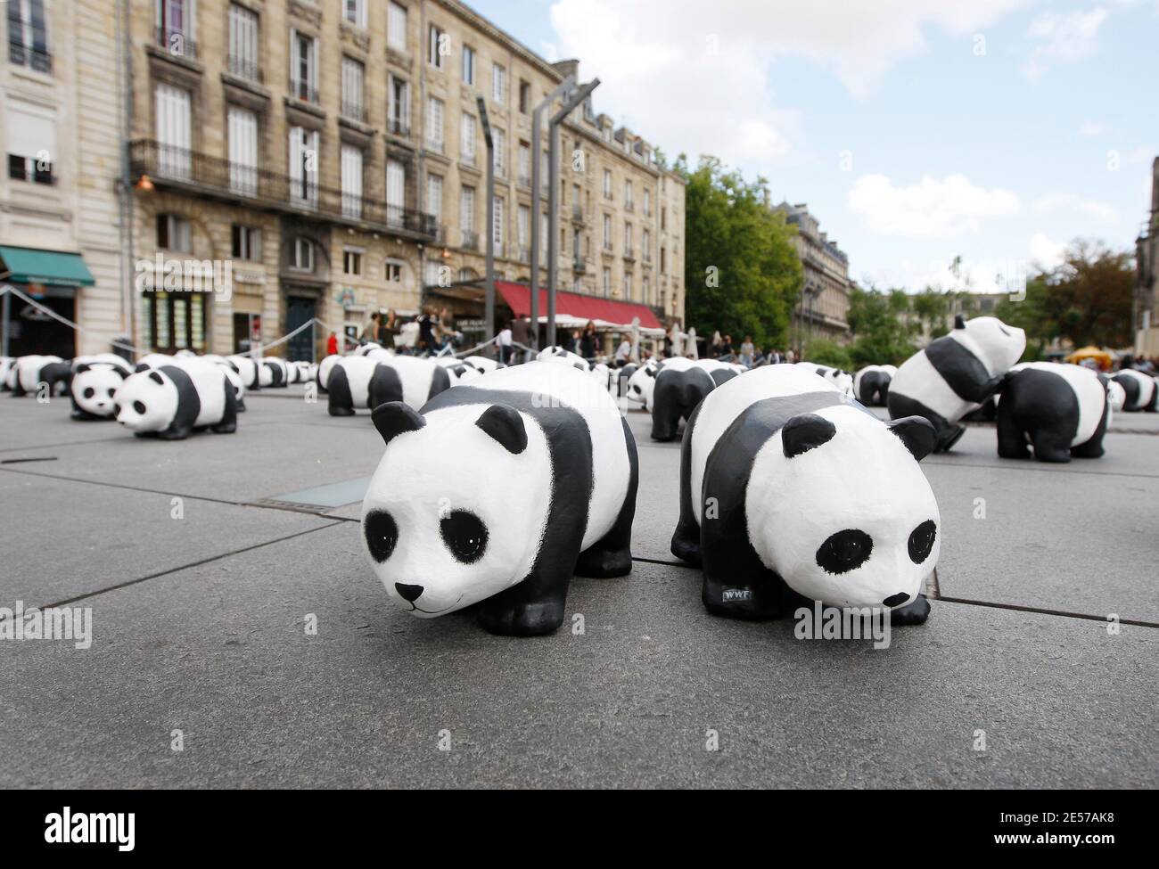 1,600 pandas paper mache ont été installés par des membres du Fonds mondial pour la nature (WWF) dans le centre de Bordeaux, dans le sud-ouest de la France, le 7 septembre 2008, pour sensibiliser davantage le public aux espèces menacées. Selon des enquêtes récentes, il n'y a actuellement que 1,600 pandas géants vivants dans le monde entier, dont environ 1,000 en Chine. L'exposition intitulée « 1,600 Pandas in Town » va également voyager dans le monde entier. Le panda est le symbole du WWF depuis sa création en 1961. Photo de Patrick Bernard/ABACAPRESS.COM Banque D'Images