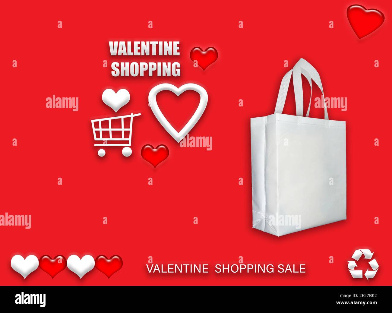 Sacs ECO cadeau de Saint-Valentin. Sacs de shopping Happy Valentines Day bannière de vente avec coeur et panier. Espace de copie pour le texte. Banque D'Images