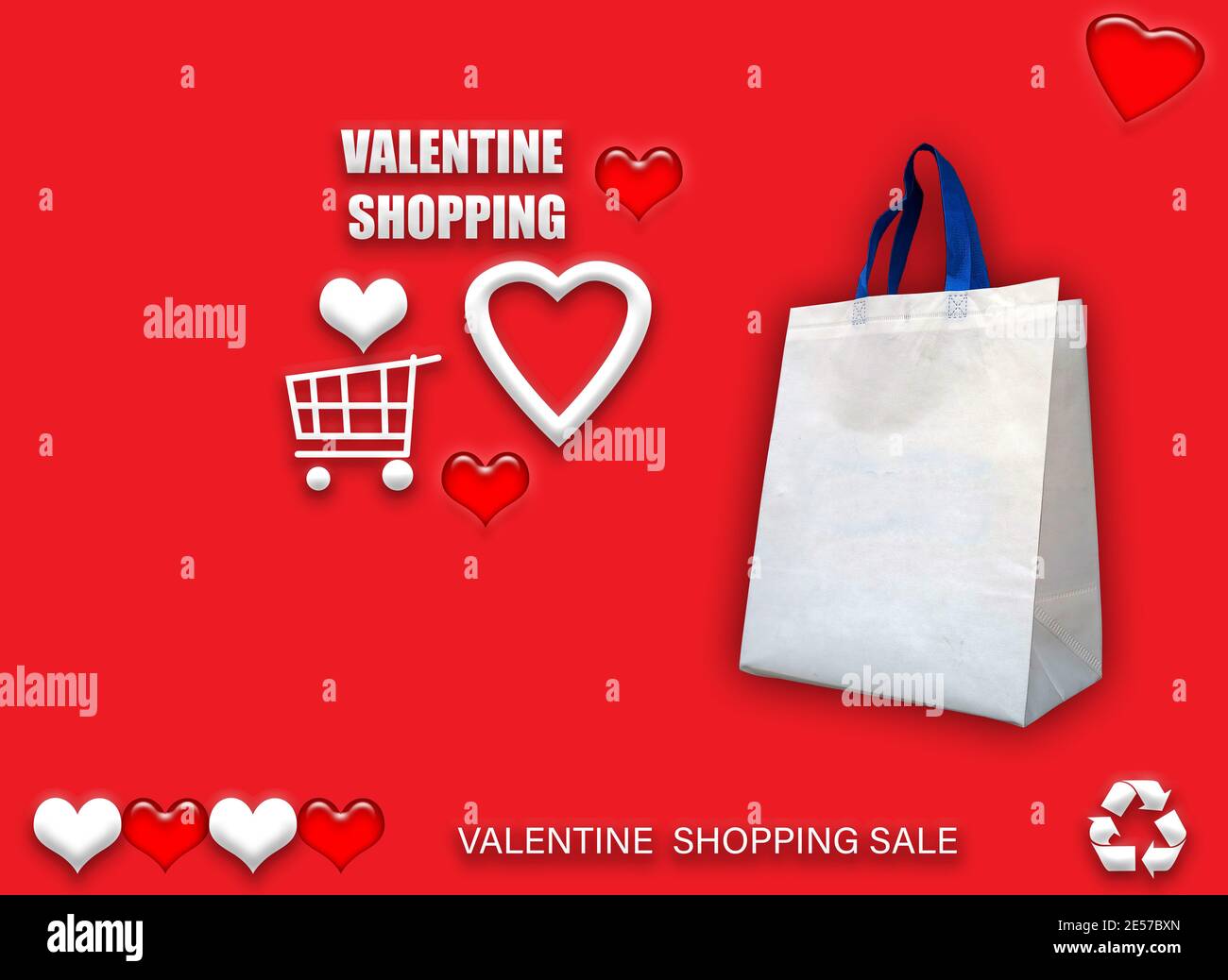 Sacs ECO cadeau de Saint-Valentin. Sacs de shopping Happy Valentines Day bannière de vente avec coeur et panier. Espace de copie pour le texte. Banque D'Images