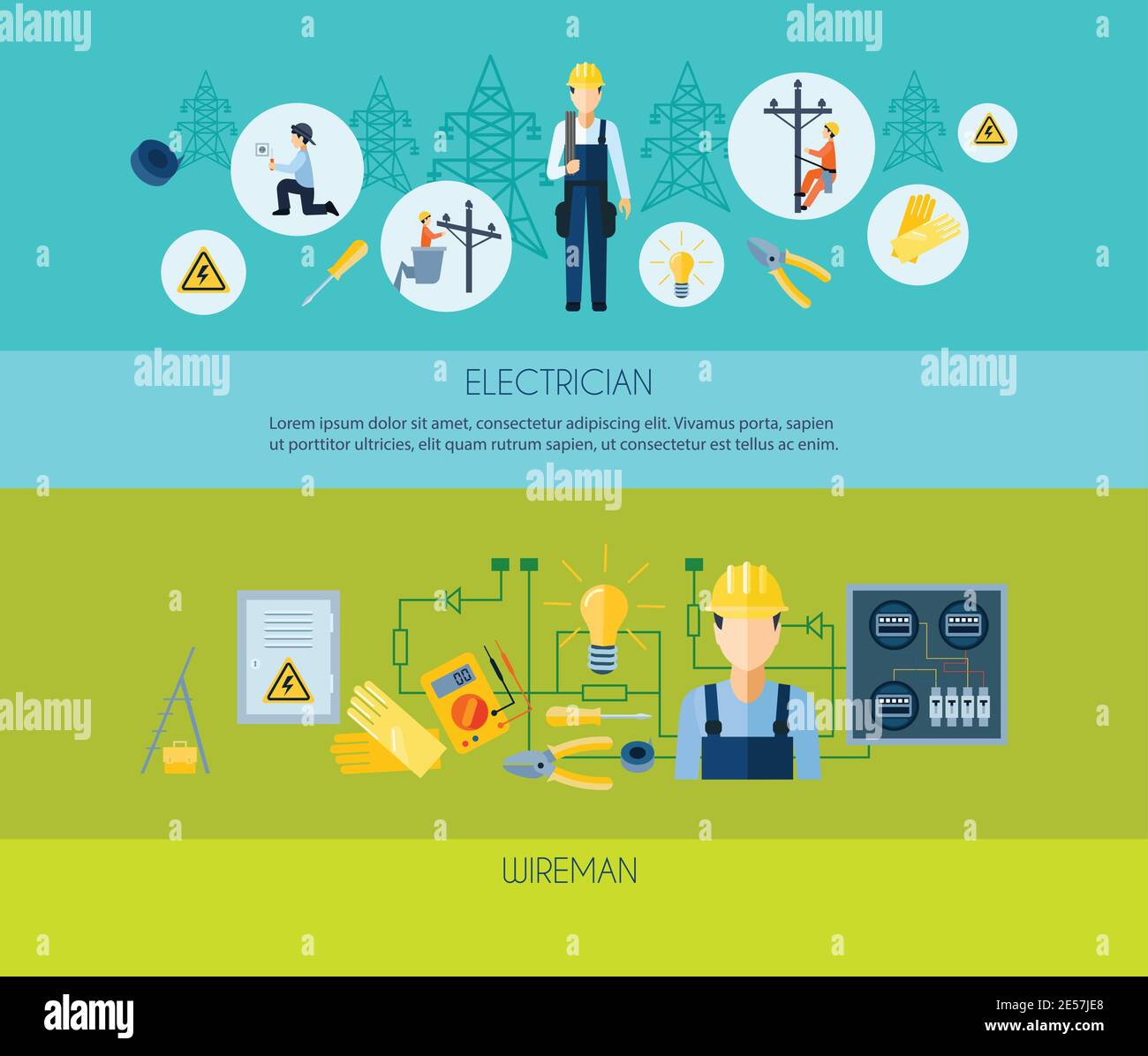 Deux bannières horizontales plates présentant un électricien et un guide-fil titres sous illustration vectorielle d'images Illustration de Vecteur