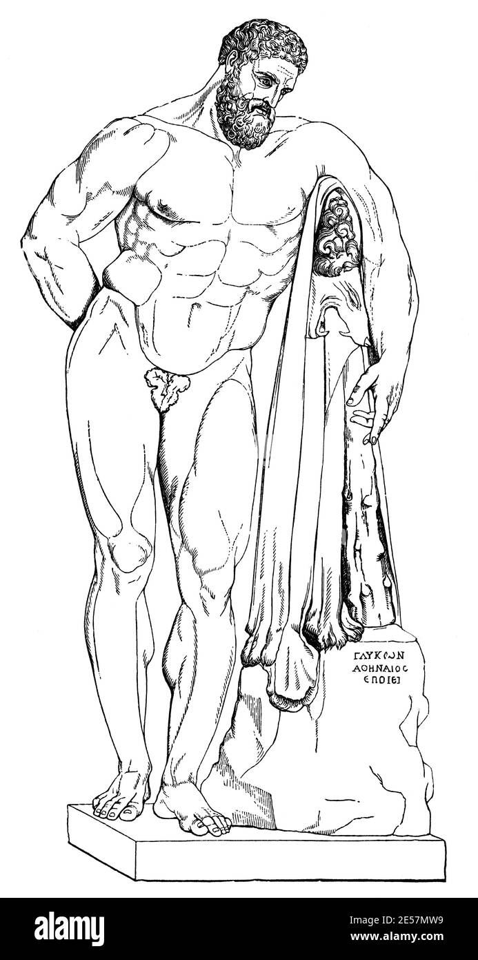 Farnese Hercules. Illustration du 19e siècle. Allemagne. Arrière-plan blanc. Banque D'Images