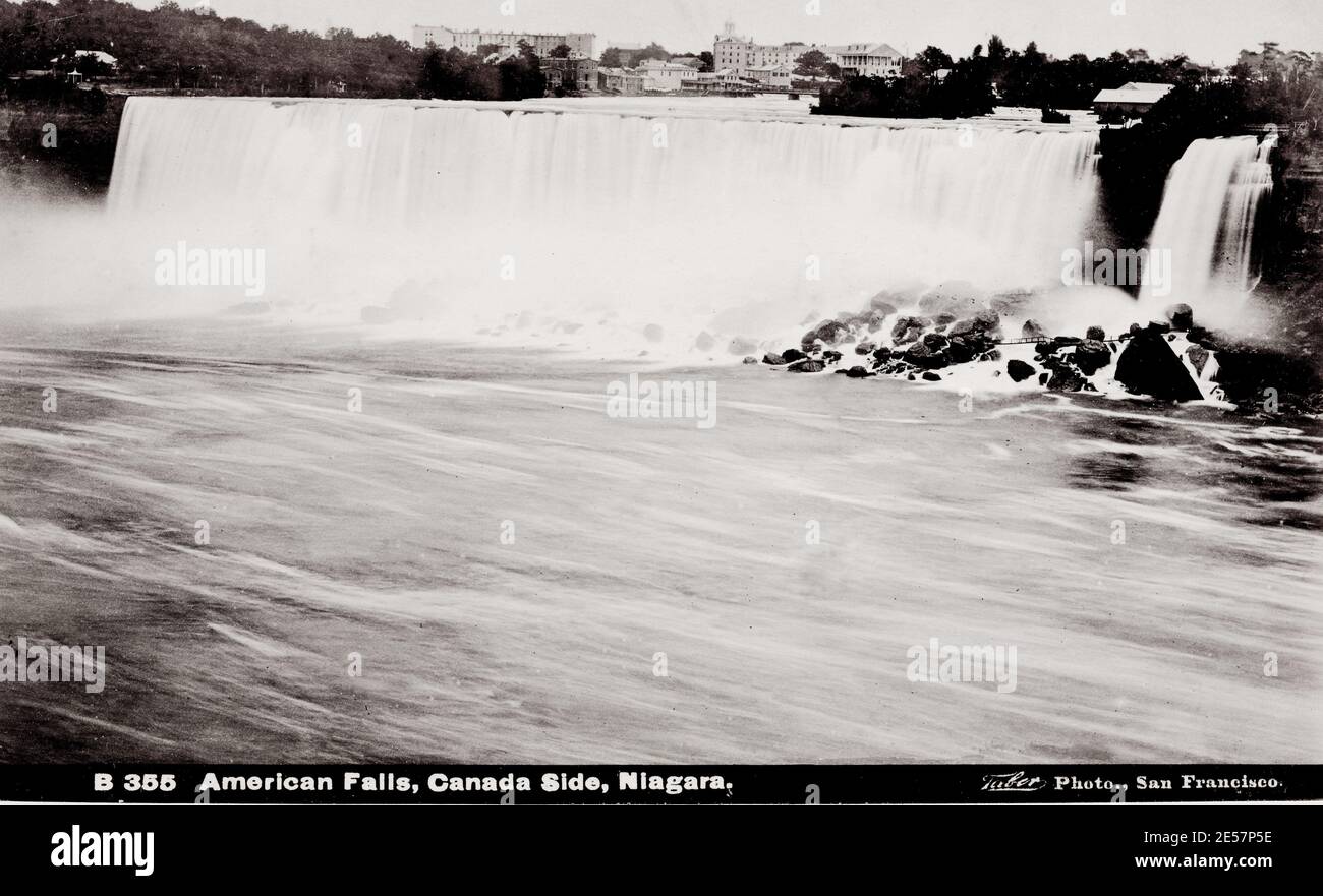 Photographie vintage du XIXe siècle : chute américaine du côté canadien, Niagara. Esaïe Taber studio. Banque D'Images