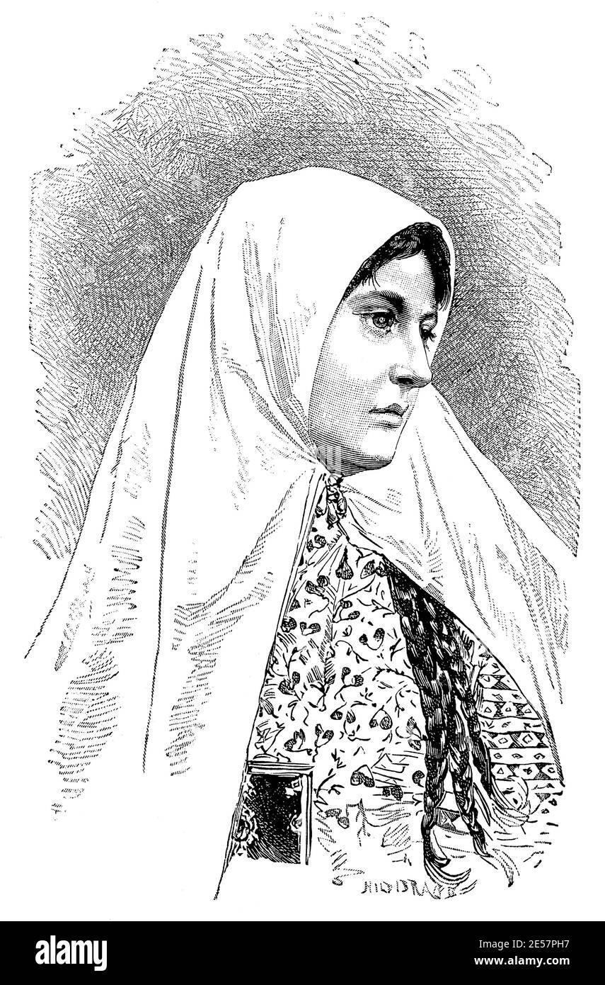Portrait de Fatemeh Baragani (Tahirih) - poète influent, militante des droits des femmes et théologienne de la foi de Babi en Iran. Illustration du 19e siècle. Allemagne. Arrière-plan blanc. Banque D'Images