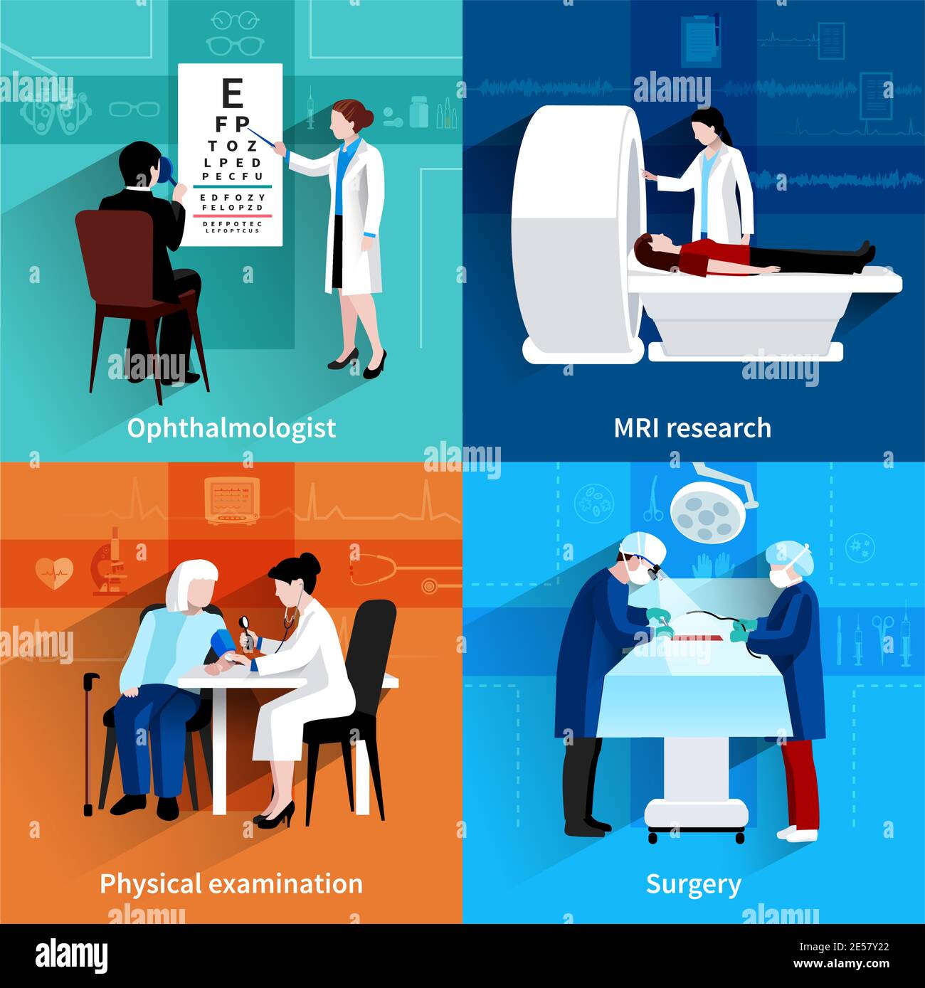 Médecins spécialistes irm scanner 4 icônes plates composition carrée avec illustration vectorielle abstraite isolée de la chirurgie en salle d'opération Illustration de Vecteur