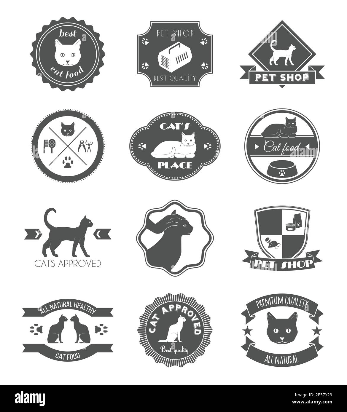 Les animaux de compagnie placent la collection d'étiquettes noires pour les aliments sains affiche des produits de qualité résumé illustration vectorielle isolée Illustration de Vecteur