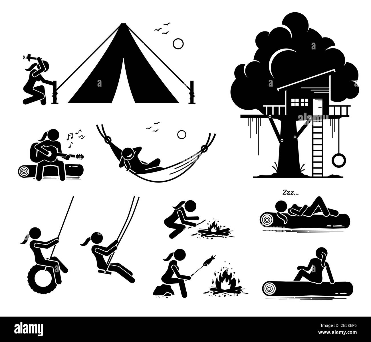 Femme de la poursuite de loisirs à l'extérieur bâton figure icônes. Illustration vectorielle d'une femme faisant un camping, une tente, un feu, assise sur une bûche, reposant sur un hammoc Illustration de Vecteur