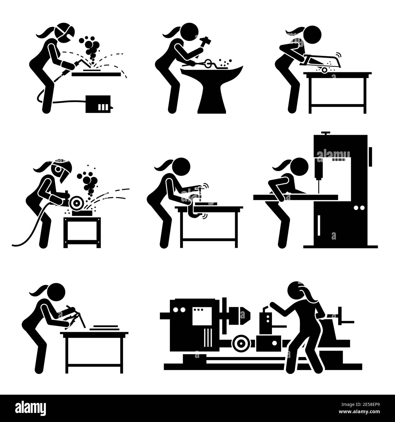 Femme métallurgiste faisant de la ferrade avec des outils industriels et de l'équipement bâton figure icônes. Illustrations vectorielles d'une femme habile travaillant dans un St Illustration de Vecteur